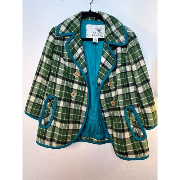 Anthropologie Tabitha Green Plaid Double-Breasted Jacket S Wool Blend Teal Trim - Picture 3 of 7